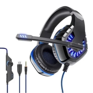 Casque de jeu avec lumières LED, écouteurs filaires, microphone rotatif