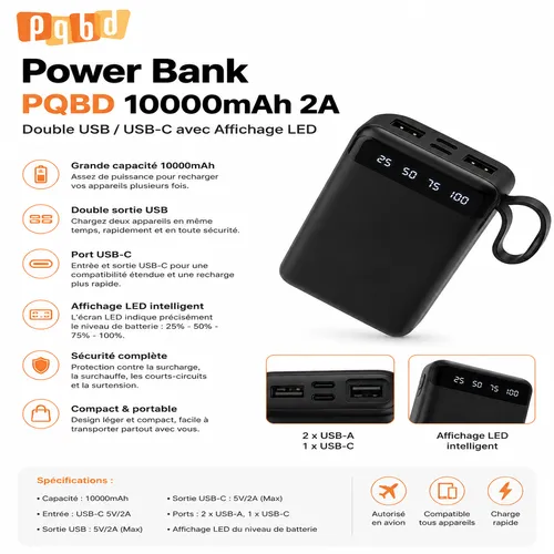 Power Bank PQBD 10000mAh 2A – Double USB / USB-C avec Affichage LED – Image 2