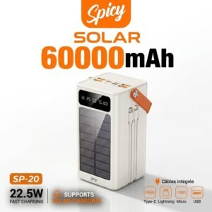 Batterie Externe Solaire Haute Capacité Spicy SP-20 – 60 000 mAh (Blanc & Orange)