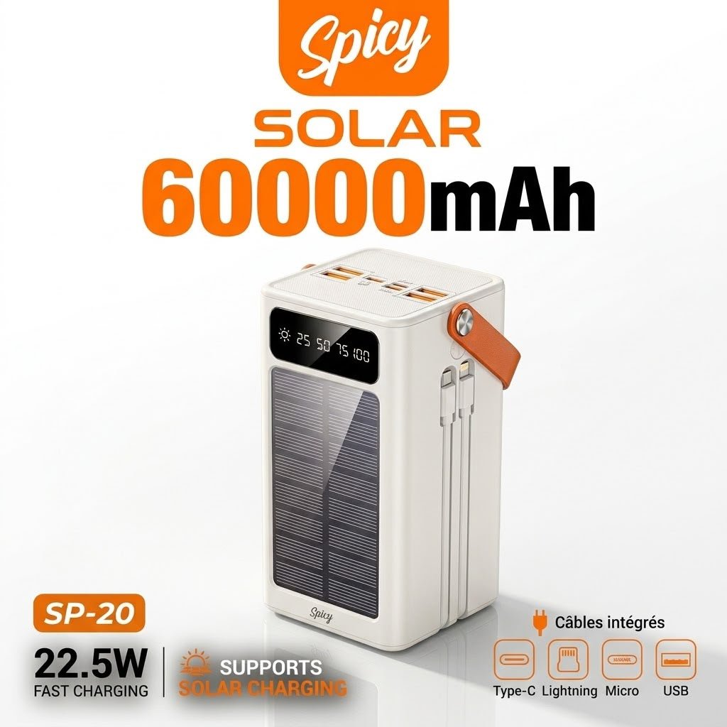 Batterie Externe Solaire Haute Capacité Spicy SP-20 – 60 000 mAh (Blanc & Orange)