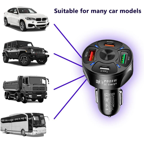 Chargeur de voiture 4 ports USB-C – Charge rapide PD 20W & QC 3.0 – Image 4